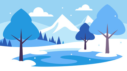 Winter Wonderland Scene with Icy Pond Vector