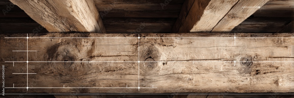 Poster Wooden Beams With Measurement Lines Showcasing Craftsmanship and Detail in a Rustic Setting