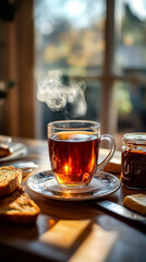 Cup of tea is sitting on a saucer