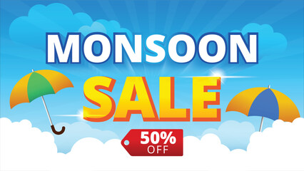 monsoon sale banner template,cloudy background,Monsoon special offer vector illustration.Huge offer with creative design,umbrella,clouds.