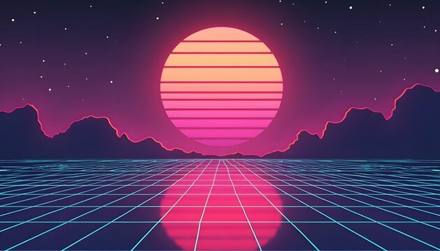 Fototapeta Aesthetic retro vaporwave grid and sunset wallpaper