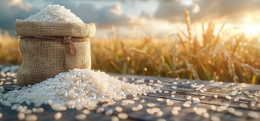 A burlap sack filled with white rice sits on a wooden table in front of a field of wheat with a sunlit sky in the background.
