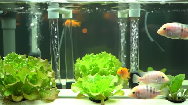 Aquaponics System With Fish Swimming In Water And Growing Vegetables