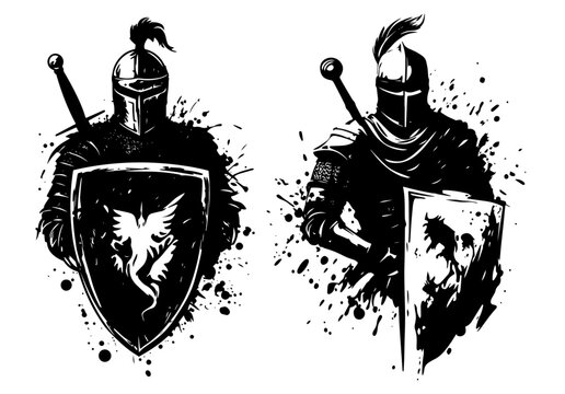 medieval knights with swords and shields in dynamic grunge style