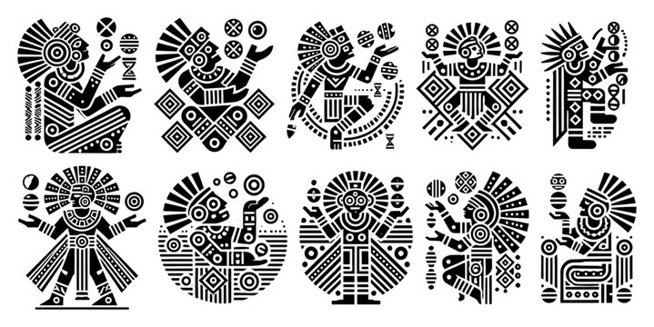 set of tribal symbols and stylized characters in ethnic vector style