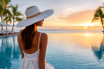 Tourist enjoying sunset at infinity pool in tropical resort