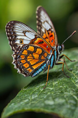 Obraz premium Colorful monarch butterfly with orange wings on a green leaf in the garden