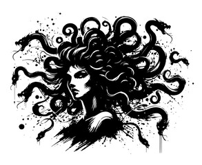 medusa portrait with snakes in dynamic black and white ink style © Mago