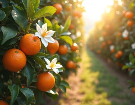 Orange fruit trees, ripe oranges and blossoming flowers in field. Agricultural background showcases health, nutrition, summer vibes. Fresh harvest, citrus fruits growing. Sunny outdoor scene.