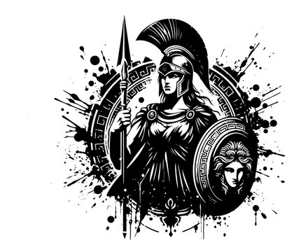 athena with spear and shield in dynamic black and white ink style