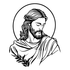jesus portrait with halo and olive branch in sacred line art style