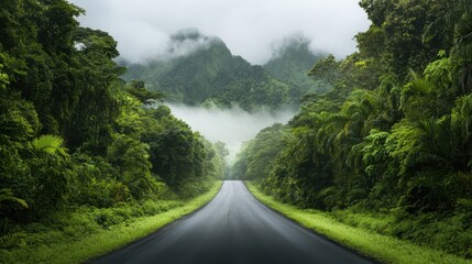 Serene jungle road surrounded by lush greenery and misty mountains