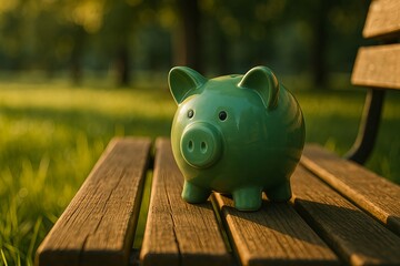 Vintage Green Piggy Bank Resting on a Wooden Park Bench Amid Sunlit Grass