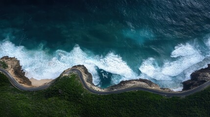 Aerial view of coastal road with winding seaside path