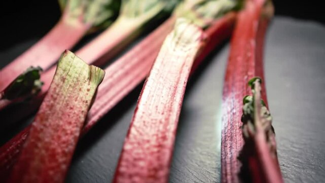Vibrant Rhubarb Stalks Displayed In Close Up Macro Still Shot