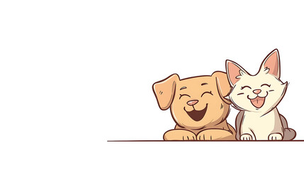 Obraz premium Cartoon dog and cat smiling happily together. Cheerful pets with their tongues sticking out. Illustration isolated on white background.