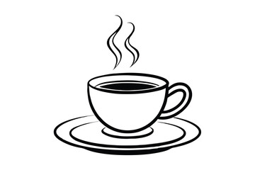 A steaming cup of coffee on a saucer simple line art illustration