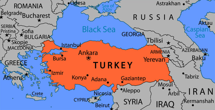 Vector turkey with cities on political world map. 
Fragment of south europe region with 
turkey, georgia, bulgaria, romania, greece,
crete, cyprus, macedonia, azerbaijan, armenia, 
iran, iraq, syria.