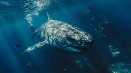 Fototapeta premium Majestic Great White Shark Encounter in Deep Blue Ocean Waters, Danger Awaits