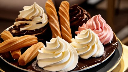 Elegant dessert tier featuring pink meringues in glass bowls and assorted gourmet treats, selective focus, sweet indulgence