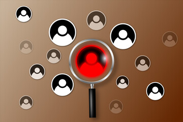 Online Scammer Profile Detection &ndash; Red Circular Icon Under Magnifier Representing Fake User Account in a Crowd of Legitimate Digital Identities for Fraud Prevention Design.

