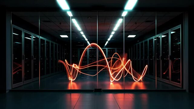 Digital data visualization with glowing lines in server room   - Powered by Adobe