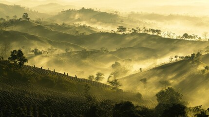 Obraz premium Misty mountain landscape at sunrise