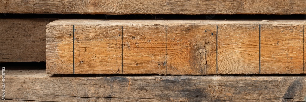 Poster Close-up View of Wooden Beams Showing Measurement Lines for Precise Cutting and Crafting in a Workshop Setting