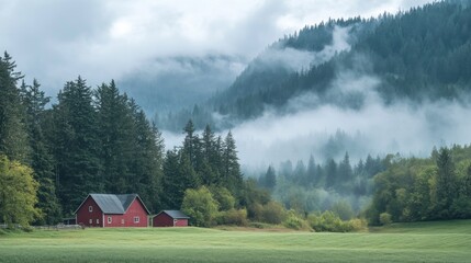 Misty mountain valley with red barn. Lush green forest, a valley floor covered in soft grass, and a pair of red farmhouses sit beneath a thick blanket of fog that shrouds the distant peaks