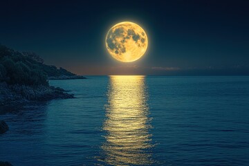 Fototapeta premium Moonlight reflects on calm ocean waters creating a serene evening atmosphere near the coastline