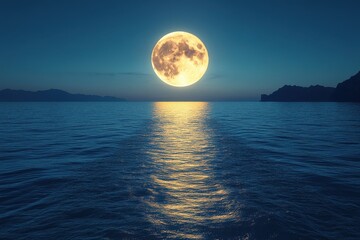 Fototapeta premium Bright full moon illuminated over calm ocean waters during twilight hours near distant mountains