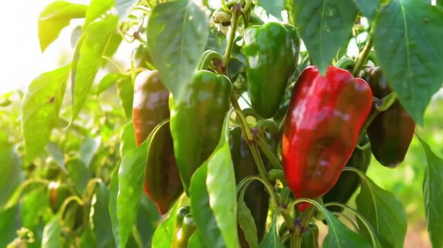 Ripe Bell Peppers On The Vine In A Summer Vegetable Garden
