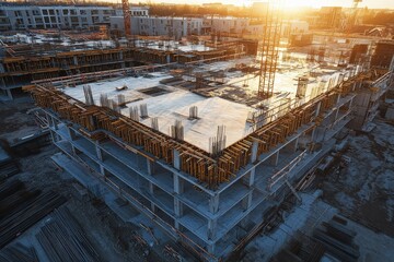Aerial view of construction site during sunset highlighting building framework and structure