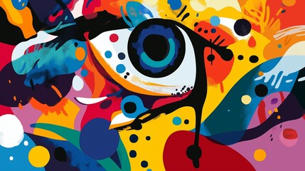 Vibrant abstract mural featuring bold colors and geometric shapes portraying a stylized face