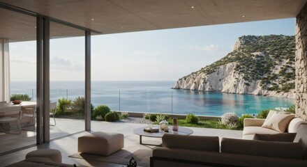 Fototapeta premium terrace with breath-taking view of the sea lagoon with crag.