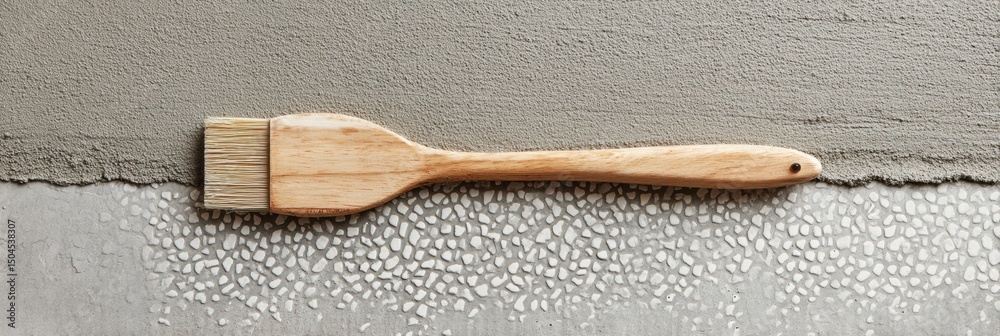 Poster tile adhesive spatula rests on flat concrete next to pattern sample during tiling preparation proces