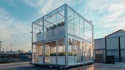 Obraz premium Modern, modular, glass-encased, urban farm structure on a rooftop