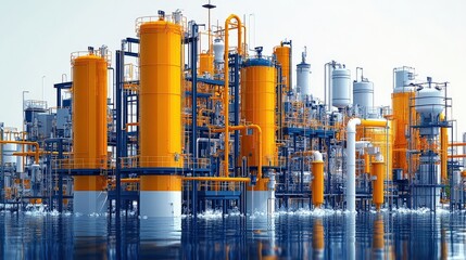 Industrial facility with large orange and gray storage tanks reflecting in water, showcasing technology