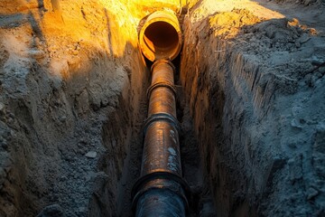 Underground pipe in excavation for construction work