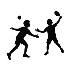 Kids playing pickleball vector silhouette on white background