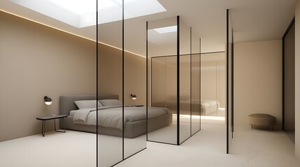 minimalist bedroom separated by sleek glass partitions, soft beige walls, gentle daylight from overhead skylights