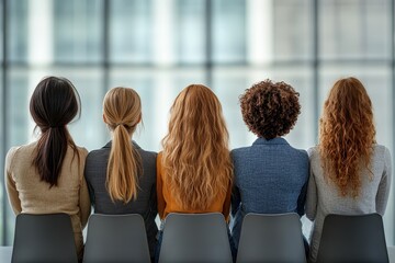 Fototapeta premium Diverse group of women sitting together, focused on shared goals in a modern office environment during a team meeting