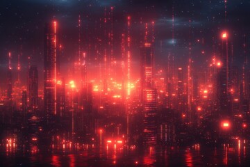 Obraz premium Futuristic city skyline illuminated by bright red lights against a dark night sky