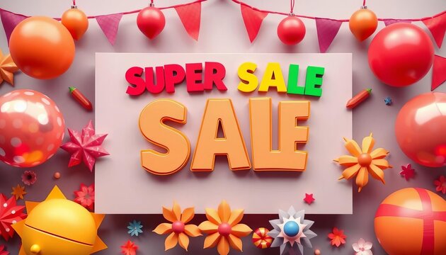 Colorful, playful banner design announcing a super sale, illustration, party