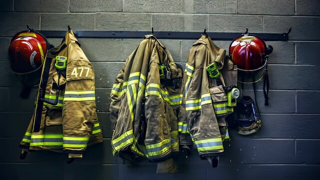 Firefighter Gear Hanging on a Brick Wall