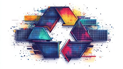 Abstract colorful recycling symbol with vibrant splashes and digital effects in the background