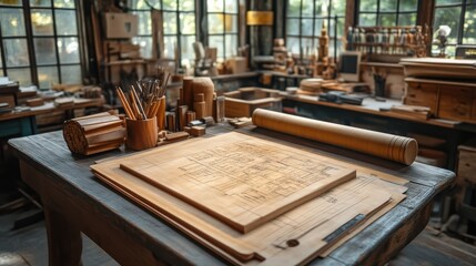 Craftsman workspace with architectural plans and tools in a bright studio