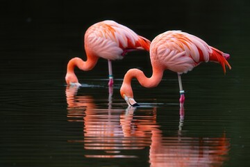 Two flamingos wading in water, their heads submerged and bodies upright, reflecting on the surface of the water.