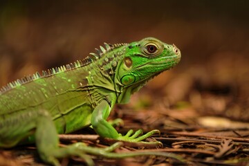 Fototapeta premium A green iguana on the ground.