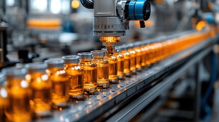 Automated bottle filling line featuring amber glass containers with precision machinery and bright industrial environment